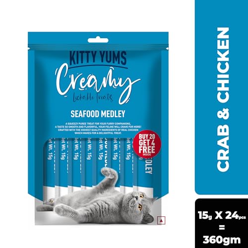 Image of Kitty YUMS Adult & Kitten Creamy Lickable Cat Treats 360g (15g x24 Pieces) | Seafood Medley Flavour | Rich in Protein | Taurine for Heart & Vision | Ideal for Training & Bonding | Promotes Hydration