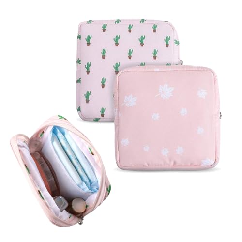 KOLZEMV 2 Piezas Bolsa para Guardar Compresas, Neceser compresas, Bolsa de Almacenamiento Reutilizables con Cremallera, Bolsa de Menstruación Sanitarias, Bolsa de Períodos Portátil de Niñas （Rosa）