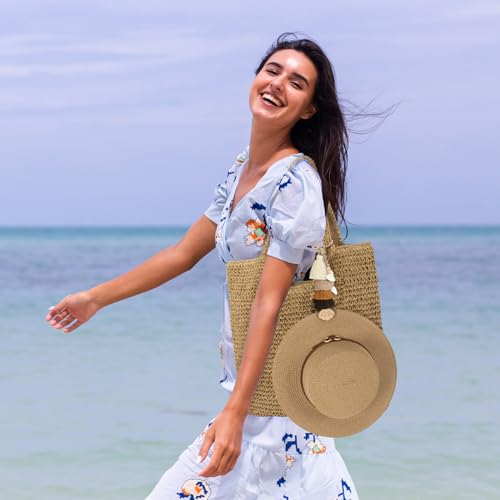 RUNROLE Straw Beach Tote Bag with Tassel Hat Clip for Travel Vocation, Lightweight Raffia Summer Shoulder Bag for Women2