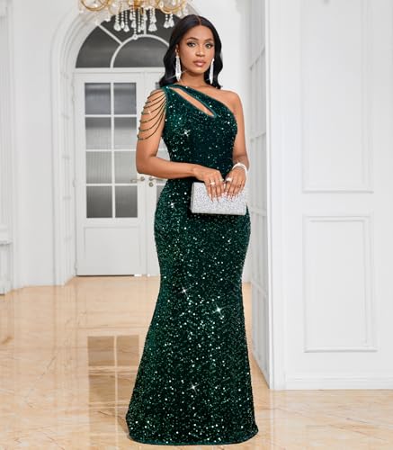 Image of Cololura Women Sequin Elegant Sexy One Shoulder Tassel Mermaid Bodycon Cocktail Evening Dress