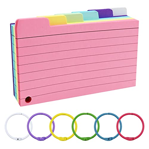 Bekecidi 150 Hojas de Tarjetas de índice Rayadas y 6 Anillos, Tarjetas Perforadas de 6 colores, Tarjetas de Notas Adhesivas, Tarjetas de Registro para Oficina, Escuela, Estudio Cover