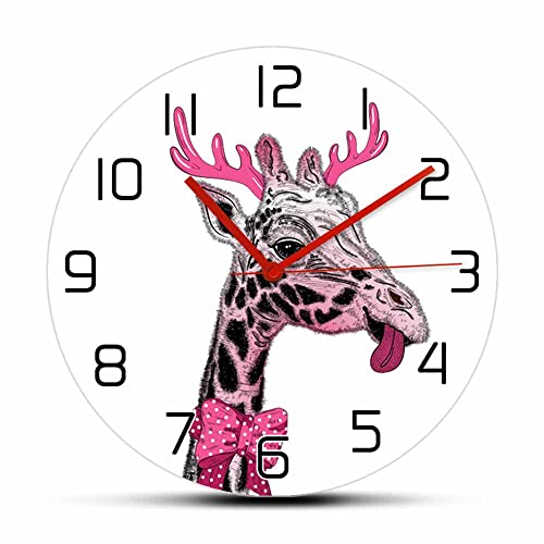 Geek Alerts Cute Pink Giraffe with Horns Exclusive Wall Clock Battery Operated Silent Non Ticking Watch for Girls Room Safari Baby Animal Nursery Decor