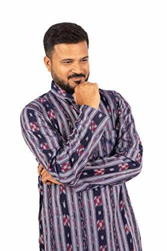 Image of GHL GUENDICHA HAAT Sambalpuri Certified Handloom Men's Pure Cotton Kurta | Odisha Ikat Ethnic Wear | Mandarin Collar | Full Sleeve Traditional Kurta for Men
