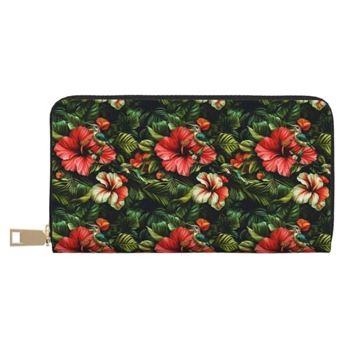 Leather Thin Slim Wallets for Women Men - Fashion Tropical Plants Hummingbirds Print Card Wallet Holder with Zipper