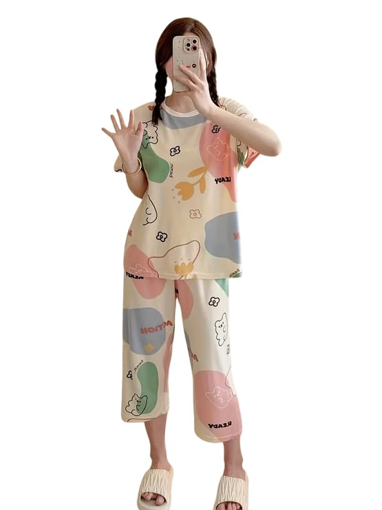 Image of Lunza Women's Cotton Pajama Set with Top & Pants|| Korean Night Suit|| Lightweight Printed Set || Soft & Comfy Sleepwear for Girls & Women