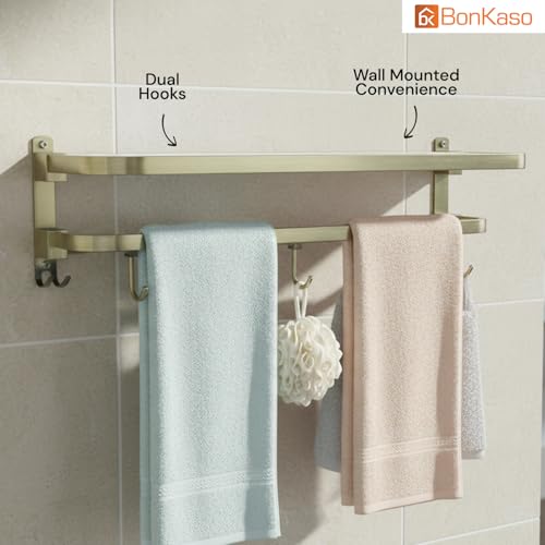 Image of BonKaso 24-Inch 304 Stainless Steel Rectangular Towel Rack | Wall-Mounted Rustproof Towel Holder Rod Bar for Bathroom Towels | Space-Saving Design with Antique Finish