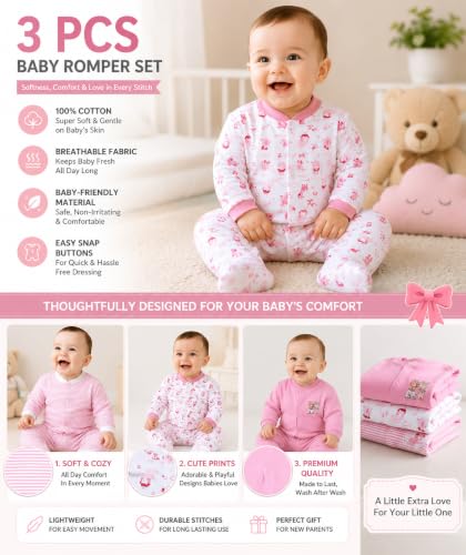 Image of DADDY - G 100% Cotton Baby Rompers Pack of 3 | Newborn Baby Sleepsuit | Full Sleeve Jumpsuit | Baby Night Suit | Infant Bodysuit for Boys & Girls | Soft Breathable Clothing