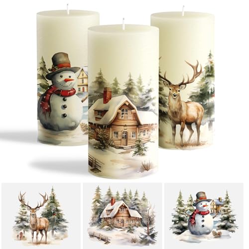 GEBETTER 3 Hojas Tatuajes para Velas Decoración Navidad, Pegatinas Decorativas Papel Transfer Agua, Adornos Velas Tazas Cristal Fiesta Navideña, 15 x 15 cm (Reno Casita Muñeco de Nieve)
