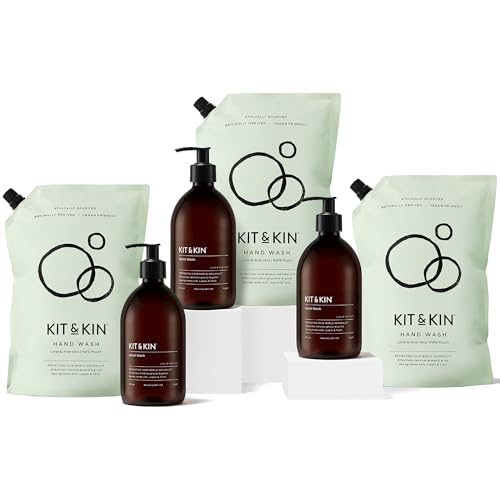 Kit & Kin Eco Hand Wash 3 botellas + 3 recambios, lima y aloe vera, a base de plantas, vegano y libre de crueldad, 100% derivado natural, sin productos químicos agresivos, mata el 99.9% de las