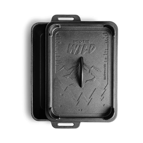 BURNHARD Gusseisen Kastenform mit Pfannendeckel 6,5 L rechteckig, Pre-Seasoned - große Auflaufform ideal zum Brotbacken, Braten, Kochen und Schmorren mit Edelstahl Rosteinsatz