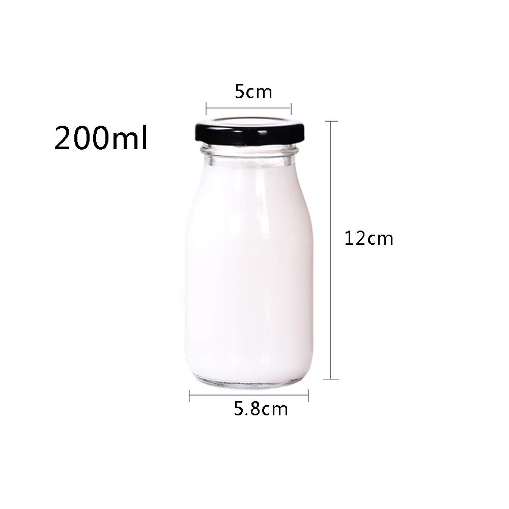 Danmu Art 6 Pcs 200ml Glass Milk Bottle with Pretty Black Lids Small Glass Jars for Decoration