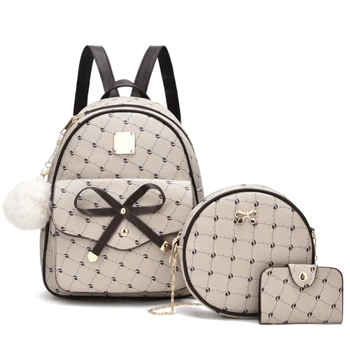I IHAYNER Girls Bowknot 3-Pieces Fahsion Leather Backpack Backpack Purse for Women Rucksack for Ladies Shoulder Bag (Khaki)