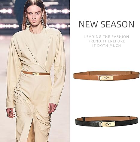 Image of Preptep 2pcs Women's Skinny Leather Belt with Adjustable Silver Turn-Lock Buckle - Ideal for Dresses, Jeans, and Coats, Black and brown