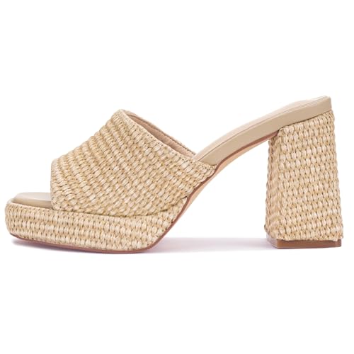 Monrovia Raffia Platform Heels for Women Chunky Block Open Toe Woven Slides Natural Straw Summer Dressy Vacation Sandals Comfortable Heeled Slip On Mules Natural Size 8