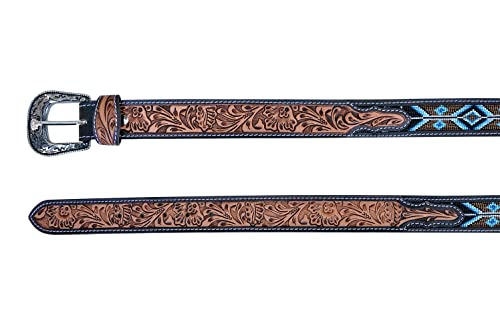Western Floral Tooled Belt - Genuine Leather Beaded Belt For Men and Women 30AB0062