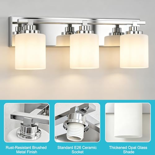 Image of Modern Bathroom Lighting Fixtures Over Mirror, Vanity Lights for Bathroom, Wall Sconces with Milky White Glass Shades, E26 Ceramic Socket, 3-Light 20-inch Chrome