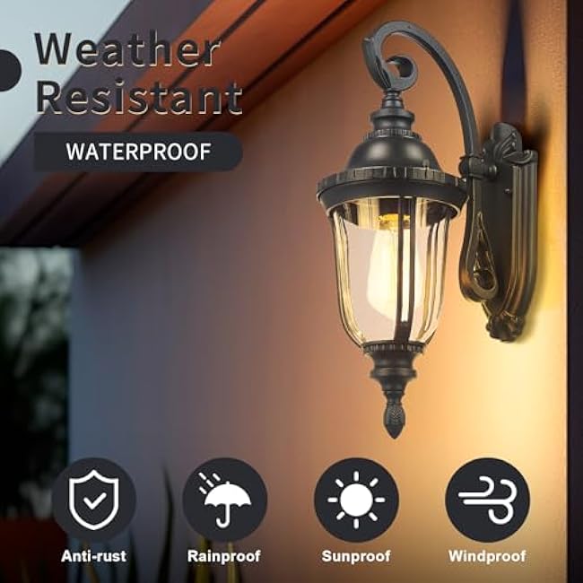 Outdoor Wall Light Fixture Black Porch Lights Outside Wall Mounted Lighting Clear Glass Shades Exterior Waterproof Lanterns Modern Outdoor Wall Sconces for Home, Yard, Patio