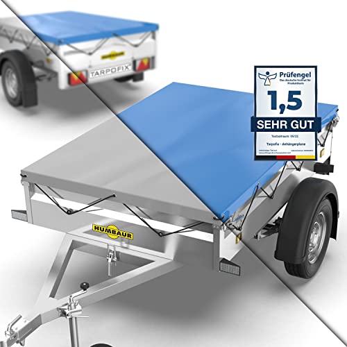 Tarpofix® Anhänger Plane 211 x 116 cm inkl. Planenseil | Anhängerplane Flachplane aus PVC PLANENMATERIAL | Verstärkte Humbaur Anhänger Plane für 750kg PKW Hänger | Abdeckplane Anhänger Abdeckung Blau