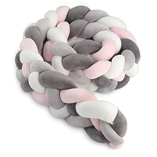 Navaris Braided Cot Bumper - 2m Long Baby Crib Cushion Knotted Pillow for Boys or Girls Nursery - 4 Strand Design - Pink/Light Grey/Dark Grey/White