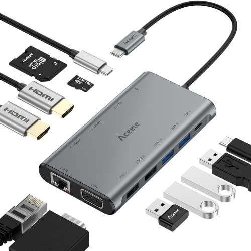 Aceele Stations d'accueil USB C, Docking Station USB C 12 en 1, Hub USB C Triple Affichage 4K pour Ordinateurs Portables PC Windows (Dual HDMI/VGA/Ethernet/PD 100W/4 Ports USB/SD/TF/Données USB C) Cover
