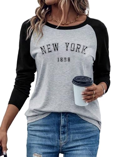 Hilinker Women's Long Sleeve Graphic Tees Color Block Tops Casual Loose Crew Neck T Shirts