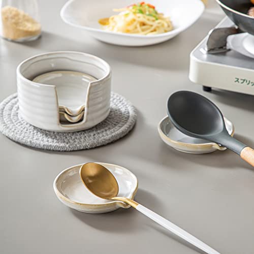 Ceramic Spoon Rest,Spoon Holder,Soy Sauce Dishes With Holder For Kitchen,Household Dipping Sauce Dishes Set, Side Dishes,Liucuon Kitchen Basics,Set Of 4 Kitchen Accessories For Utensils (Cream) #TOP2