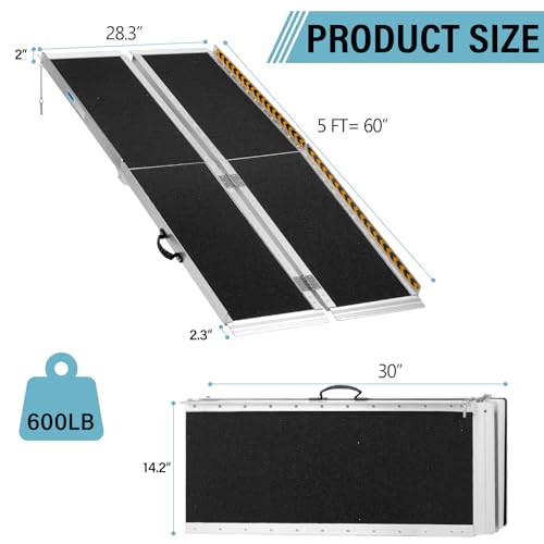 5FT Non-Skid Traction Folding Aluminum Wheelchair Ramp Scooter Mobility Handicap Ramp for Home Steps, Suitcase Trifold Portable Ramp with Handle