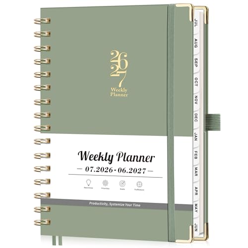 Academic Planner 2026-2027, Weekly and Monthly, A5 Size (5.7" x 8.3"), July 2026 - June 2027, To-do List for Tracking, for School, Home, Office, Hardcover, 12-Month Tabs (Light Green)