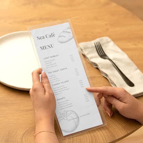 Image of Ilyapa Restaurant Menu Covers 4.25 x 11 Inch - 30 Pack, Single Page, 2 View Clear Sleeves Holder for Restaurant, Durable PVC Hard Plastic Menu Holder | Durable PVC Plastic Sheet Protector, For Restaurant Menu Display, Double-Stitched Edges