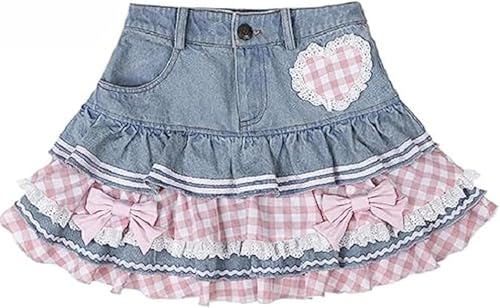 Lolita Kawaii Skirts Sweet Mini Women Cute Ball Gown Denim Skirt Y2K High Waist Lace Cake Skirts