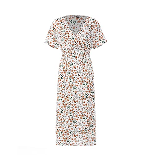 Women Short Sleeve V-Neck Floral Print Elastic Waist Mini Dress (Large, Black)