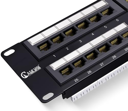 NewYorkCables, Cat6 Patch Panel 48 Port | RJ45 Punch Down Keystone Jacks Rackmount | Standard Heavy-Duty Panel with 2 Bars, Cable Ties, Screws | Ethernet Network |19 Inch,2u |, Horizontal
