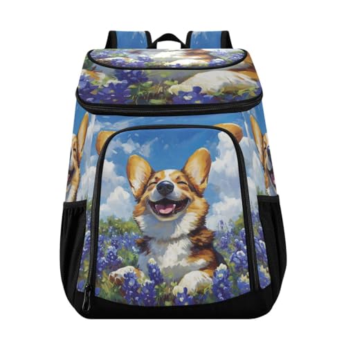Corgi Blue Bonnets Cooler Backpack Leakproof Insulated Lunch Cooler Bag 30 Cans Camping Backpacks for Road Trip Picnic Beach