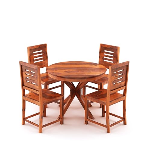 Image of WOODSTAGE Solid Sheesham Wood 4 Seater Round Dining Table Set with 4 Chairs | Elegant Wooden Furniture for Home, Kitchen, Hotel, Dining Room, Living Room and Hall (Natural Honey)