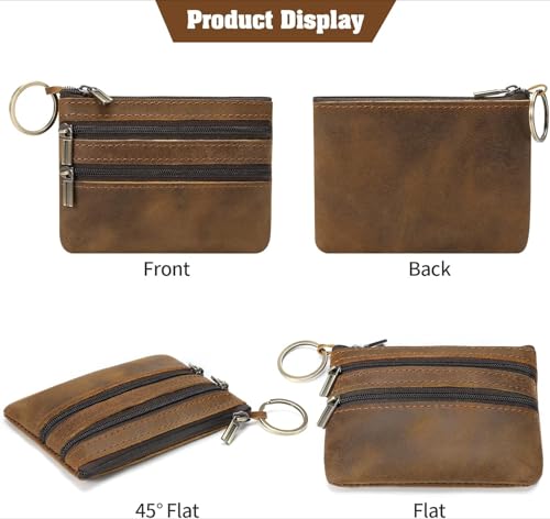 Real Leather Coin Purse for Men Genuine Real Leather Zippered Keychain Wallet Pouch for Coins (Blue)4