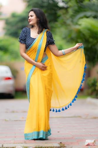 Image of Sudip callection Handloom Mul Cotton Saree for Women - Bottle Green with Pink Border Golden Zari Line & Tassel Pallu
