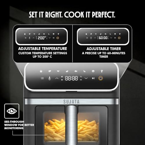 Image of Sujata Fryomatic Plus Air Fryer 6.4L | 2000W| Up to 80% Less Oil Usage | Bake, Grill & Roast| 8 Preset Modes| Digital Display & Touch Control Panel |Glass Window with in built Light | 2 Years Warranty