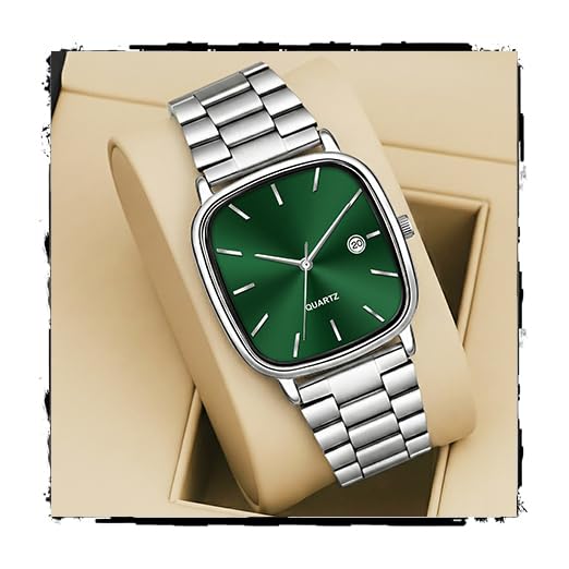 Image of Acnos Luxury Square Dial Quartz Watch for Men & Women - Stainless Steel Bracelet, Minimalist Analog Wristwatch with Date Window Pack of 1