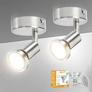 Bojim Plafonnier 1 Spot LED Orientable 2 Pack, Spots de Plafond Pivotants & Mats, Applique Murale Interieur pour Salle de Bain, Salon, Cuisine, 2 Ampoules LED GU10 incl (6W, 550lm, 2700K Blanc Chaud)