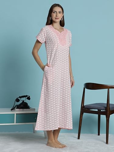 Image of 9shines Label Stylish Chikankari Cotton Nighty Maxi for Women | Full Length Nightgown | Nightdress with Pocket | Embroidery Nighty | Soft Comfortable Cotton Nightwear (1545)