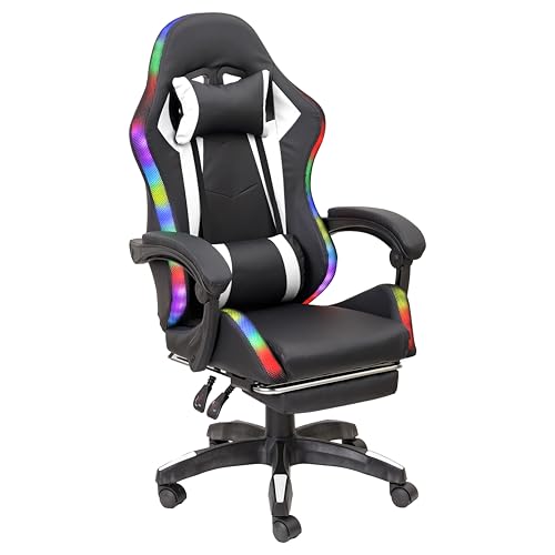 Baroni Home Sedia Gaming Ergonomica con Cuscino Lombare, Luci Led Regolabili e Poggiapiedi Estraibile, Sedia Ufficio con Schienale Inclinabile e Altezza Regolabile, Bianco, 68x66x125-133 cm
