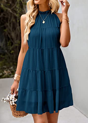 Image of KIRUNDO Summer Sundresses for Women Halter Dress Babydoll | Spring Sleeveless Halter Top, Flowy Tiered Pleated, Western Cute Country Concert, Beach Wedding Guest Vacation Cruise Dress