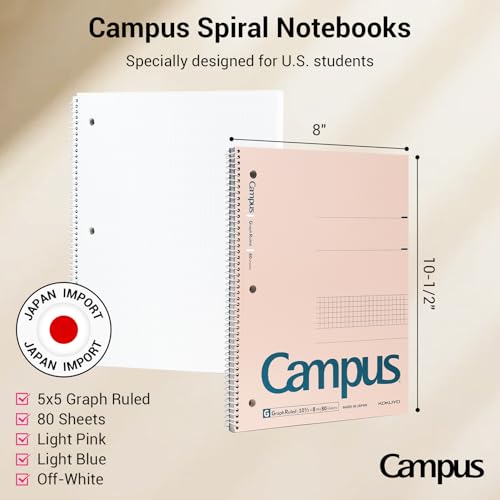 Image of KOKUYO Spiral Notebook with 5x5 Graph Paper, 3 Pack Campus 10-1 /2 inch x 8 inch Subject Notebooks, 80 Sheets, Light Pink Blue Off-White 3 Holes School Spiral Journal for Study Planner Drawing (WSG-SU-400G4x3) | Campus Subject Notebooks, 80 Sheets, 3 Holes School Japanese Grid Ring Journal for Study Planner Drawing, Blue Pink White