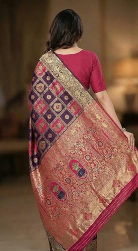 Image of C J Enterprise Women's Kanjivaram Silk Saree Woven Patola Banarasi Soft Sarees Zari With Blouse Piece (Hathi Patola)