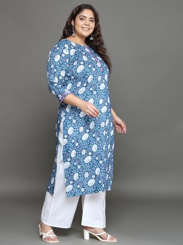 Tissu Women's Plus Size Blue Floral Printed Pure Cotton Kurta Palazzo with Dupatta2