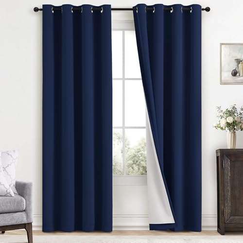 Yakamok Navy Blue 100% Blackout Curtains 84 Inches Long Thermal Insulated Window Curtain for Bedroom Living Room Darkening Set of 2 Panels Grommet Top Drapes with 2 Thick Layers 52x84 Inches Dark Blue