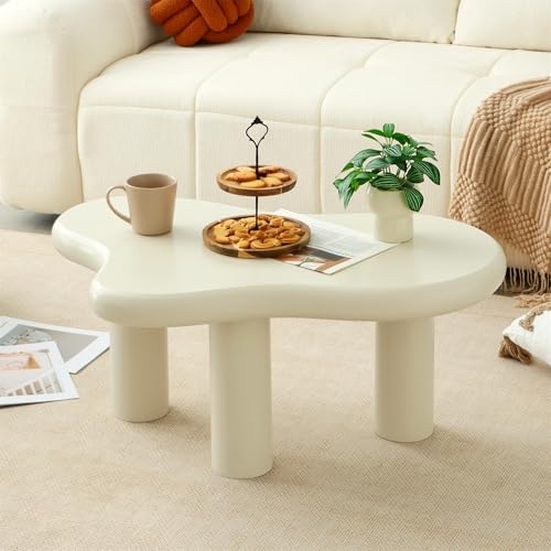 Mordchil HF 34(L) Cloud Coffee Table Modern Wood Coffee Table for Living Room Accent Center Tables with 3 Legs Small Tea Tables for Balcony Patio Bedroom Cream White
