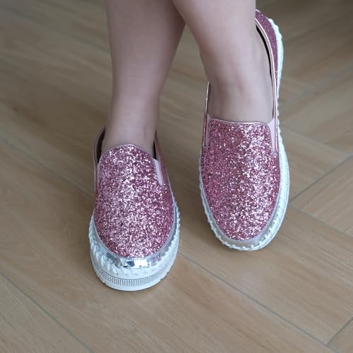 Image of Women's Platform Rhinestones Glitter Fashion Sneakers Comfortable Slip On Flat Loafers Walking Wedding Dress Shoes Casual Shoes