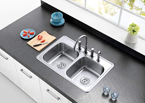 Kingston Brass Gourmetier Gktd33226 Studio Self-Rimming Double Bowl Kitchen Sink, 33-Inch L × 22-Inch W × 6-Inch H, Brushed Stainless Steel #TOP4
