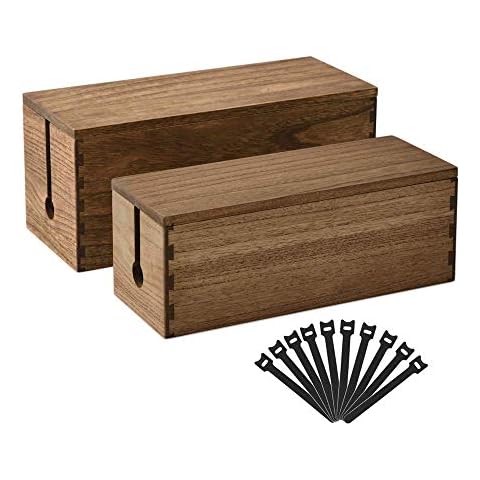 KIRIGEN Cord Management Box Wooden Cable Organizer Hide Power Strips Electrical Plugs Desk Wires Station Protector Set of 2 Dark Brown Cover
